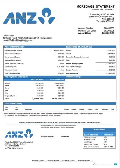 Download New Zealand ANZ Bank mortgage statement Word and PDF template Photoshop template